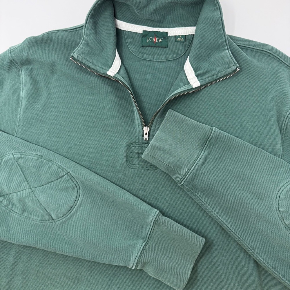 J.Crew Mens Small Re-Imagined 1/4 Zip Pullover Green Cotton Elbow Patches